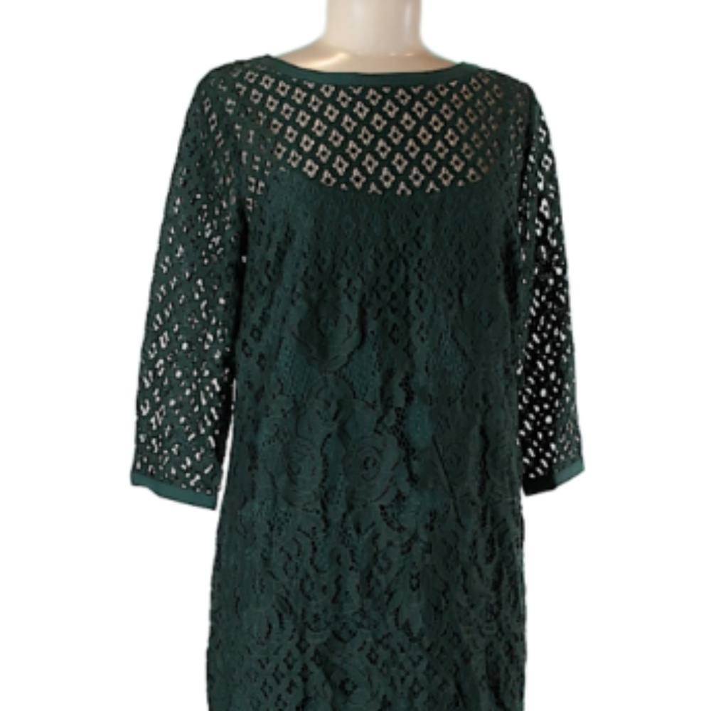 LOFT dress shift green diamond lace 3/4 sleeves 8